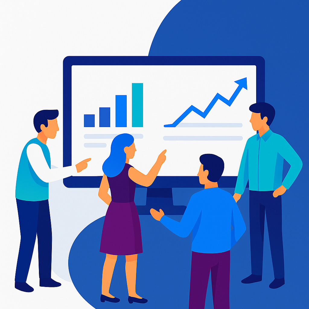 Team collaborating around a large analytics dashboard with charts and graphs representing website performance and teamwork.