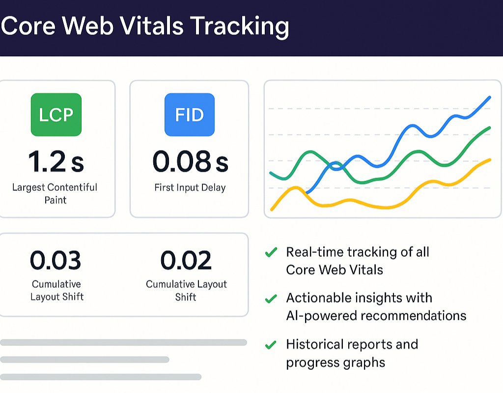 Core Web Vitals tracking dashboard by SiteRekon showing LCP, FID, and CLS metrics with performance trend lines and AI-powered insights.