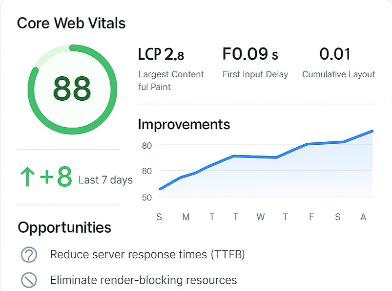 Website performance report dashboard showing Core Web Vitals and improvements – SiteRekon