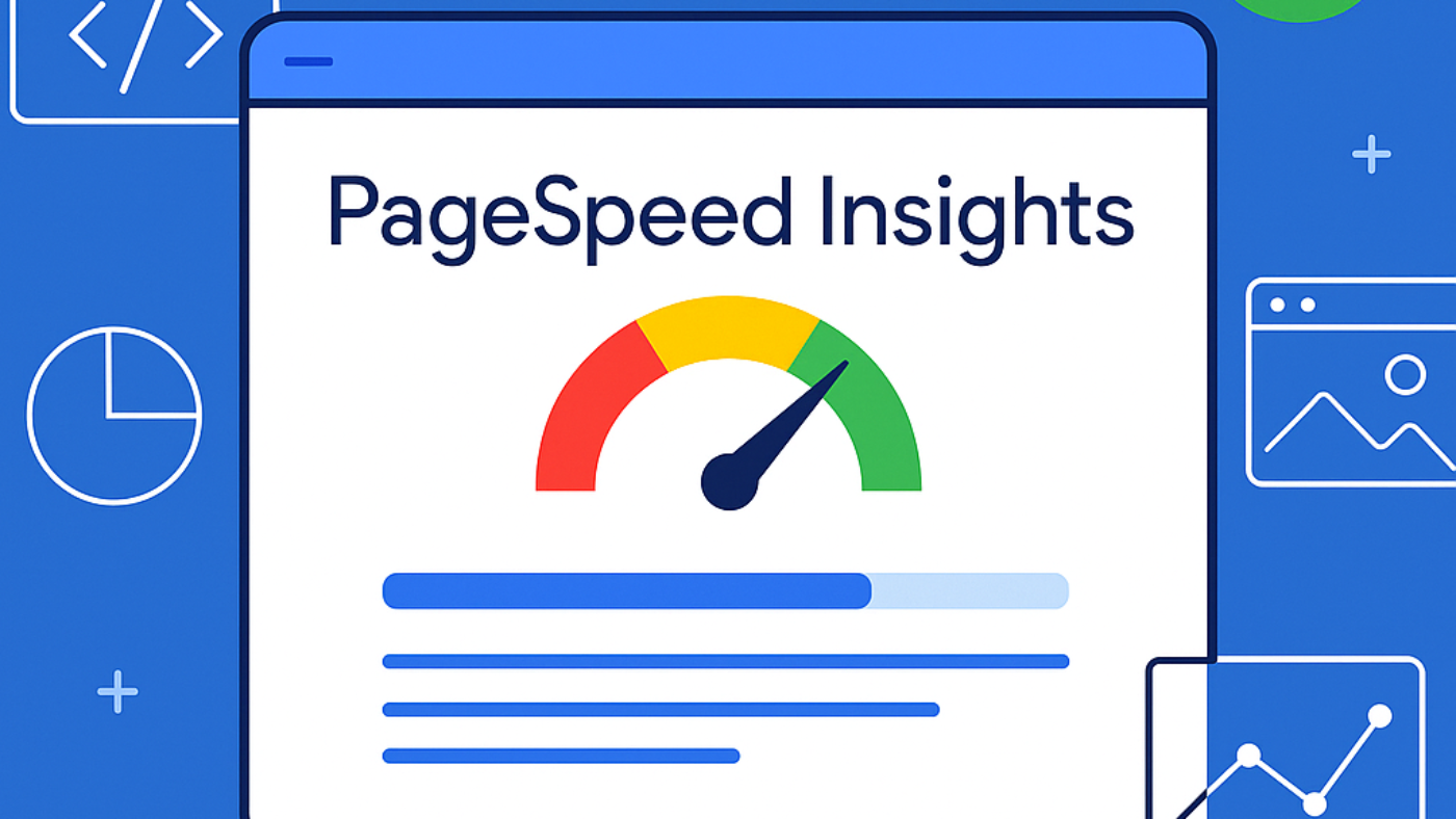 Illustration of a PageSpeed Insights dashboard showing a performance gauge, loading metrics, and Google branding for a website speed optimization article.
