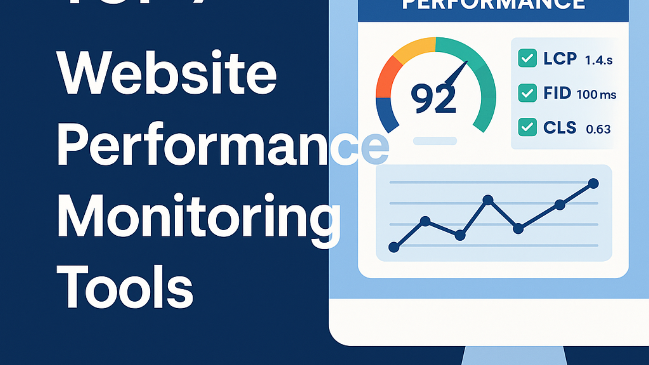 Illustration showing a website performance dashboard with a 92 performance score, Core Web Vitals metrics (LCP, FID, CLS), and the title “Top 7 Website Performance Monitoring Tools.”