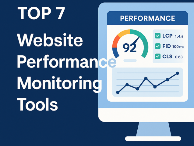 Illustration showing a website performance dashboard with a 92 performance score, Core Web Vitals metrics (LCP, FID, CLS), and the title “Top 7 Website Performance Monitoring Tools.”